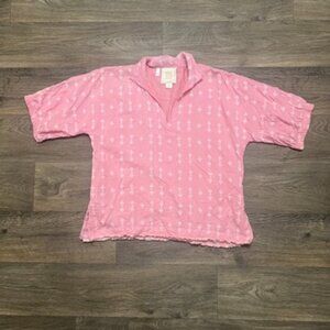 Emily McCarthy Pink Fringe Hem Short-Sleeve Collared Poppy Top Size Medium